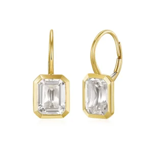 Mama Bijoux Emerald Cut Bezeled White Topaz Drop Earrings New