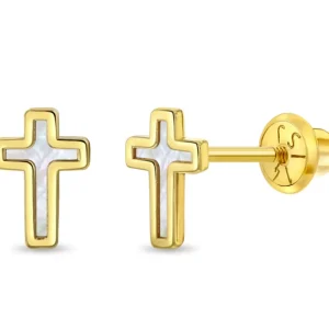 Mama Bijoux 14k Gold & Mother of Pearl Cross Kids Stud Earrings Hot