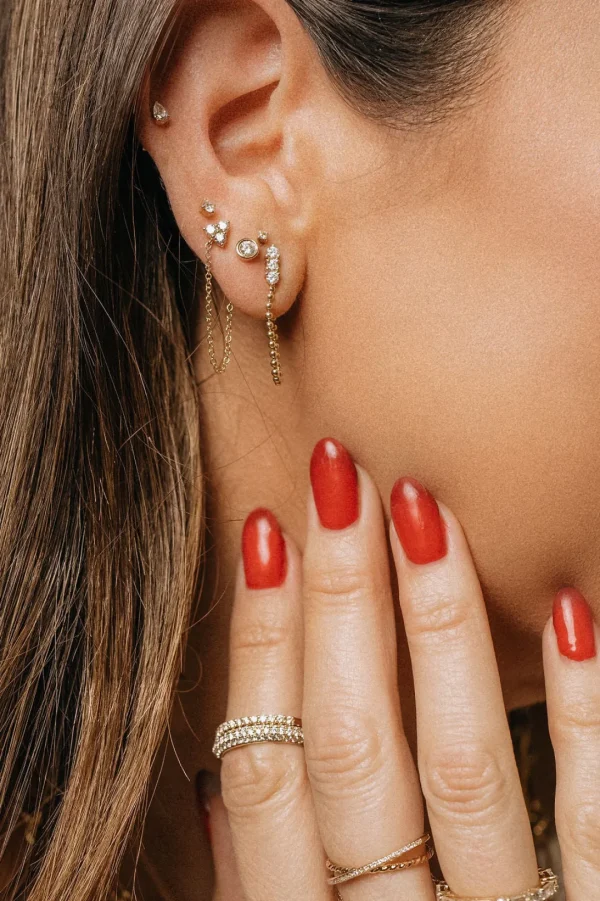 Mama Bijoux Trio Diamond & Chain Stud Earrings (Sold as Singles) Fashion